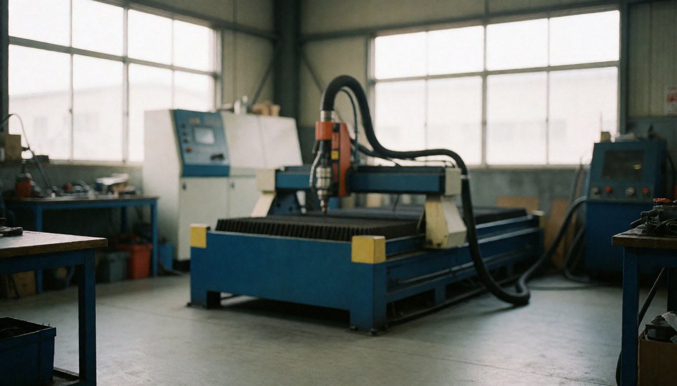 Clean industrial workshop featuring a central laser cutting machine, large windows with natural light, and a professional background for commercial text.