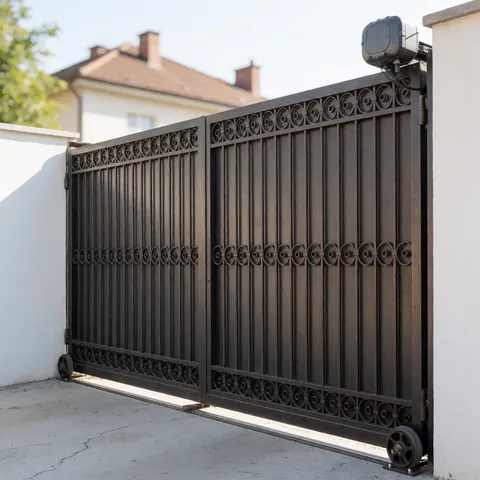 A large installed sliding metal gate featuring decorative circular patterns and vertical bars, suitable for secure residential or commercial entrances.