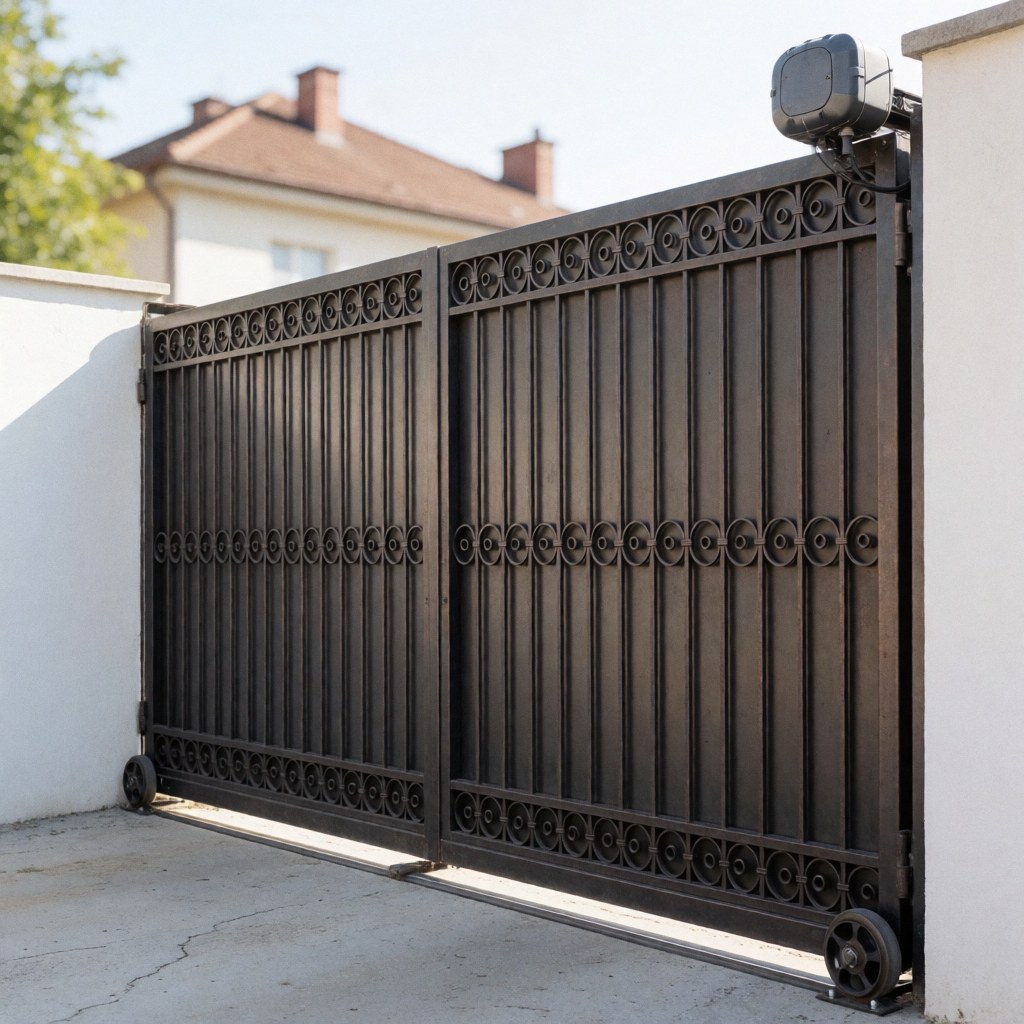 A large installed sliding metal gate featuring decorative circular patterns and vertical bars, suitable for secure residential or commercial entrances.