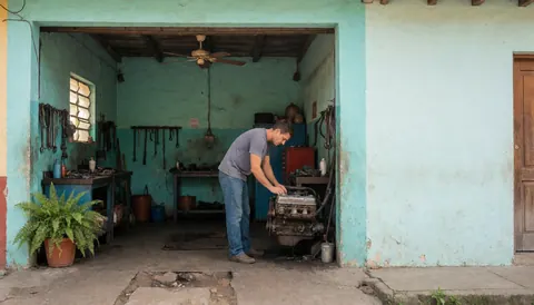 A mechanic working on a car in a repair shop with turquoise walls, tools, and natural light