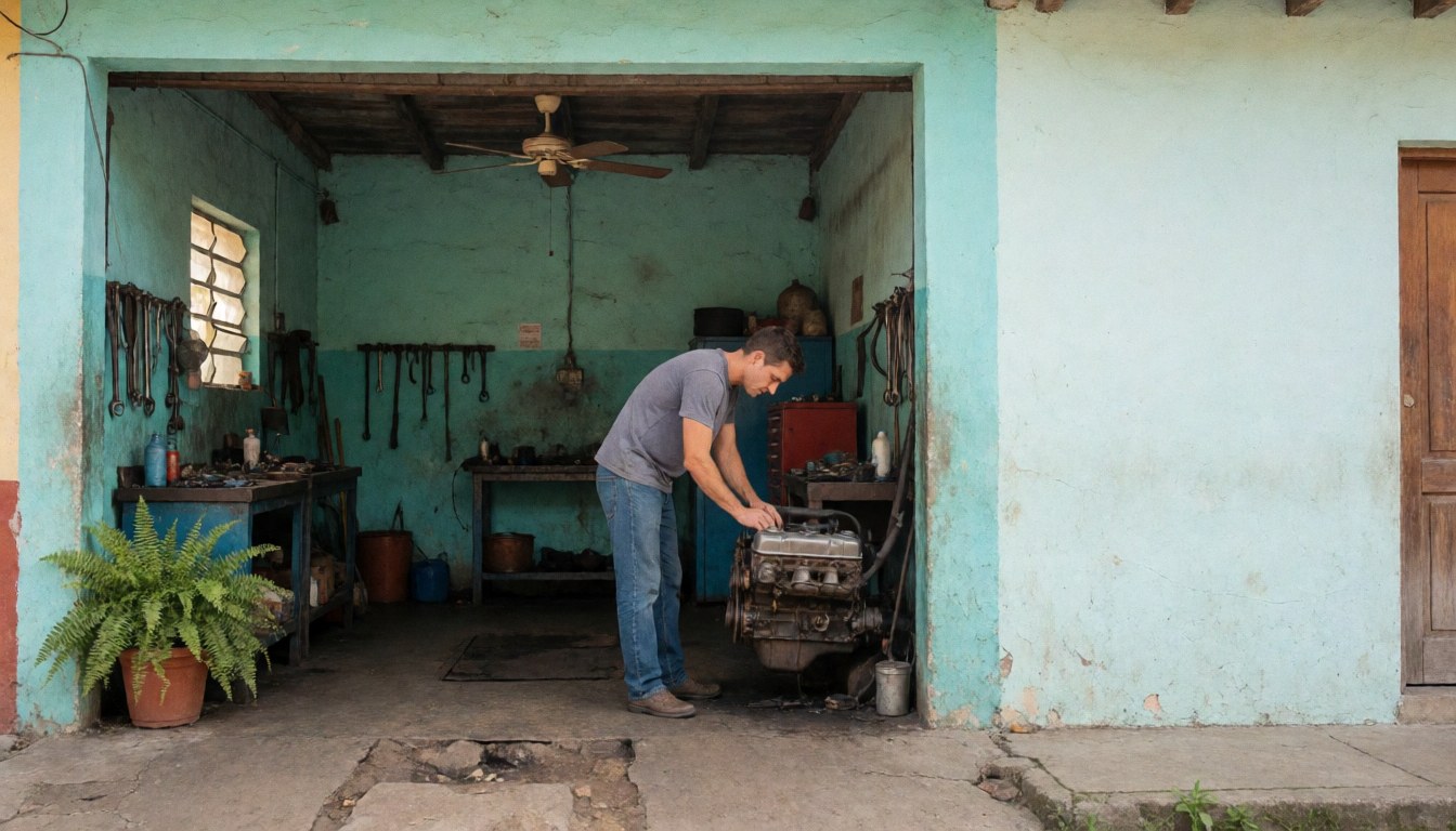 A mechanic working on a car in a repair shop with turquoise walls, tools, and natural light