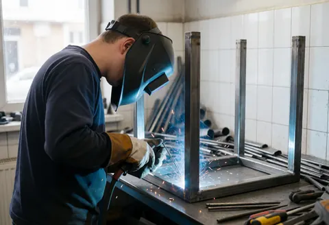 A professional welder working on a metal table frame in a well-lit workshop with natural light and white tiles