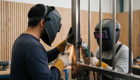 Two welders wearing helmets and gloves work together on a metal security door in a workshop with sparks flying and a wooden background