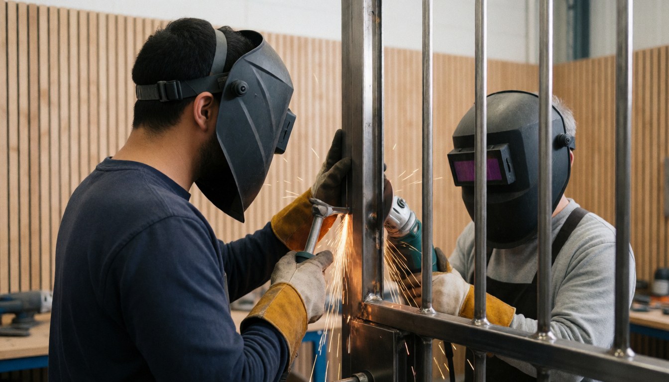 Two welders wearing helmets and gloves work together on a metal security door in a workshop with sparks flying and a wooden background