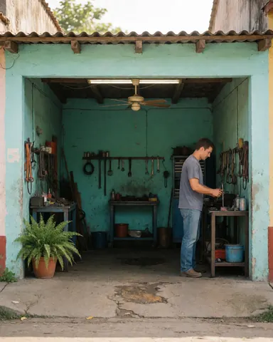 A mechanic concentrating on his work in an auto repair shop with tools and equipment visible in the background