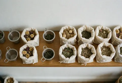 Neatly arranged herbal tea bags and loose dried herbs displayed on a clean wooden shelf in a traditional healing store