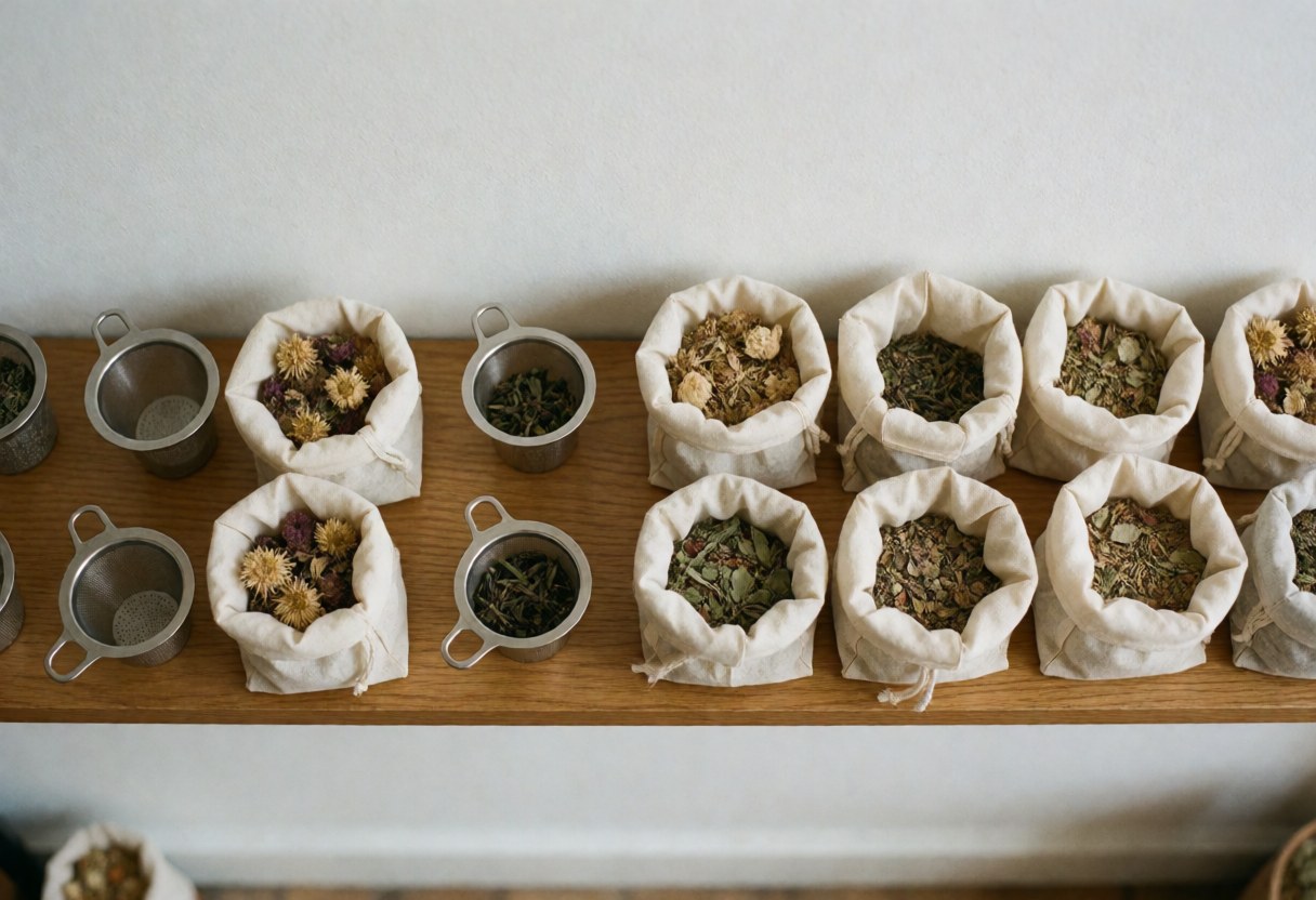 Neatly arranged herbal tea bags and loose dried herbs displayed on a clean wooden shelf in a traditional healing store
