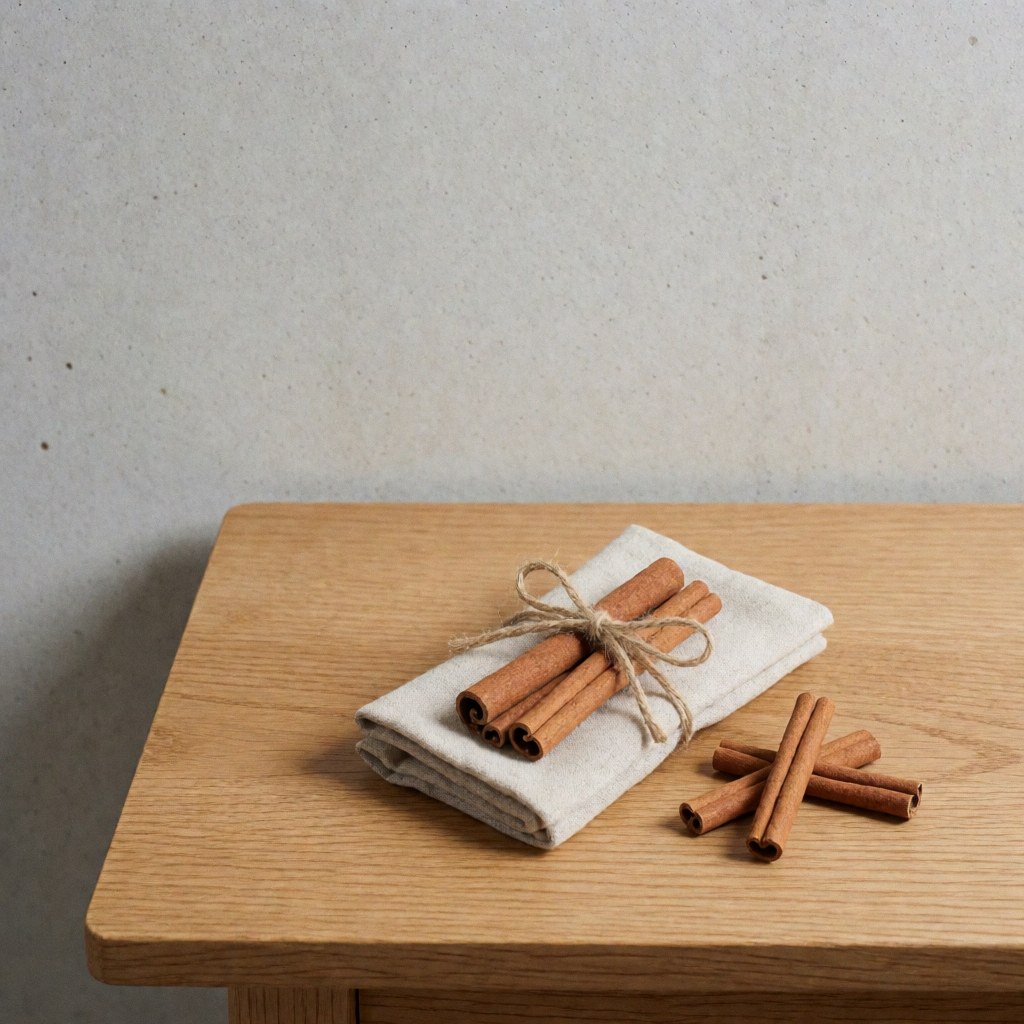 Fabric sachet filled with cinnamon and rue tied with jute string on a wooden table against a concrete wall