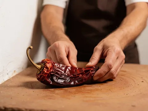Detailed macro shot of dried ancho chili peppers resting against a textured white wall, highlighting their deep red color and wrinkled surface texture.