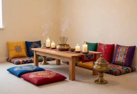 Wooden table with colorful cushions, burning incense and candles in a serene traditional healing space