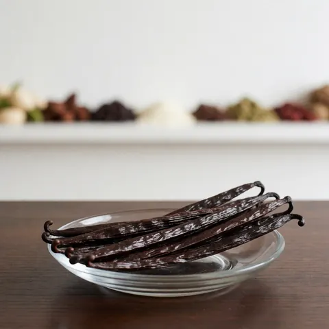 Dried vanilla pods arranged in a clear glass dish placed on a rustic wooden surface with natural ingredients in the background.