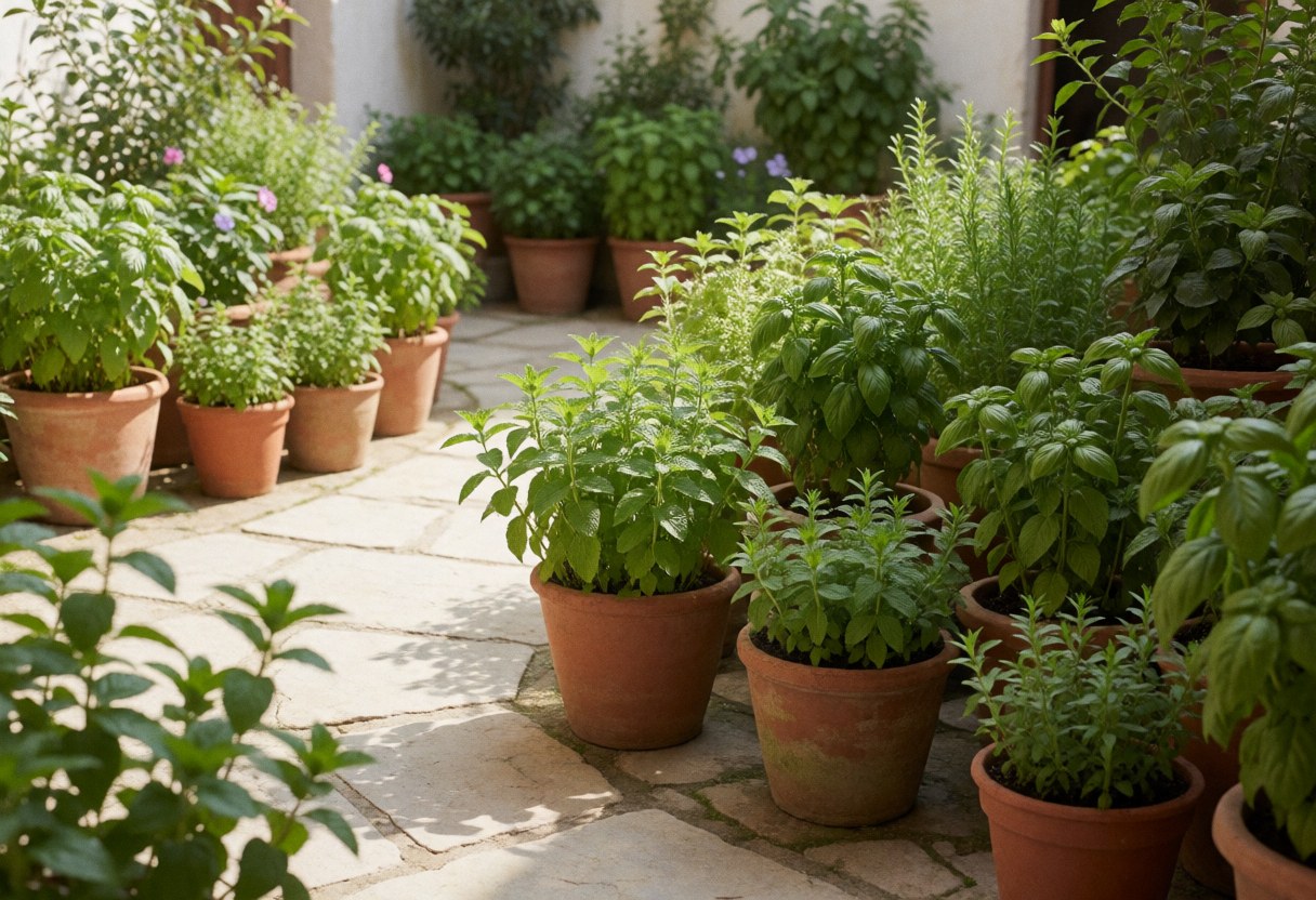 Serene interior courtyard featuring potted medicinal herbs in terracotta pots, stone walkways, and soft sunlight creating a natural atmosphere for traditional healing practices.