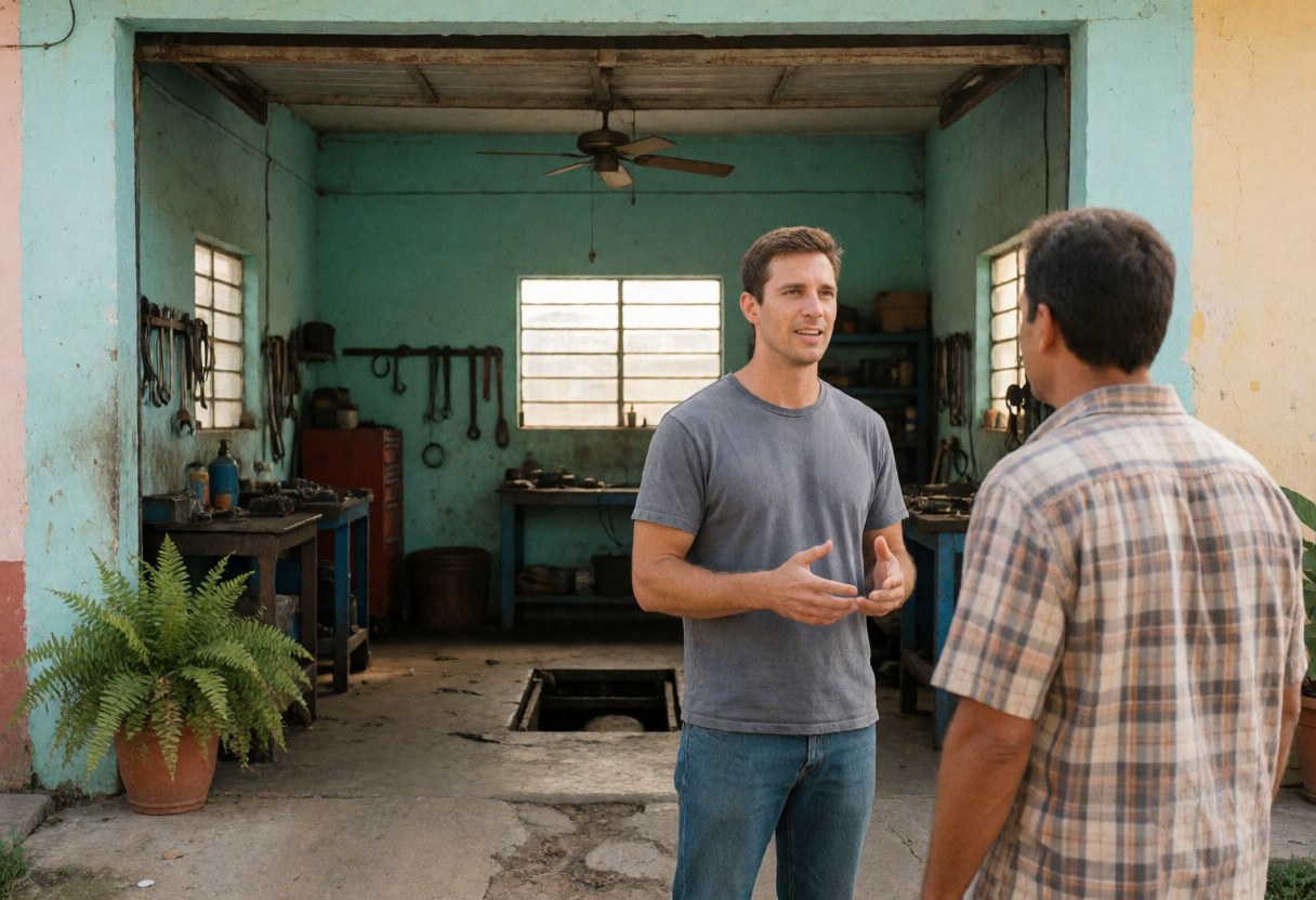 A mechanic stands near a turquoise wall explaining vehicle repairs to a client in a small auto repair shop with tools and a potted fern visible.