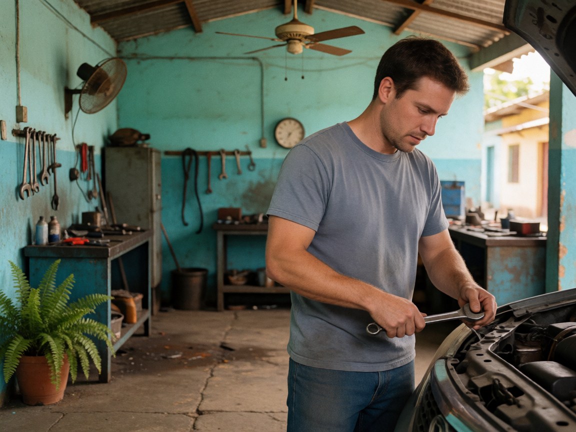 Close-up of mechanic hands using tools to repair a car engine in a workshop setting