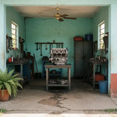 A clean automotive engine component displayed against a turquoise wall with concrete floor and oil stains, suitable for auto repair business marketing.
