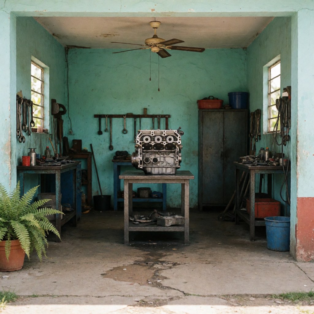 A clean automotive engine component displayed against a turquoise wall with concrete floor and oil stains, suitable for auto repair business marketing.