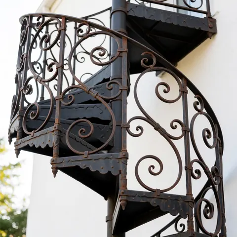 Close-up view of a wrought iron spiral staircase featuring a matte finish, curved metal steps, and industrial design details against a white wall.