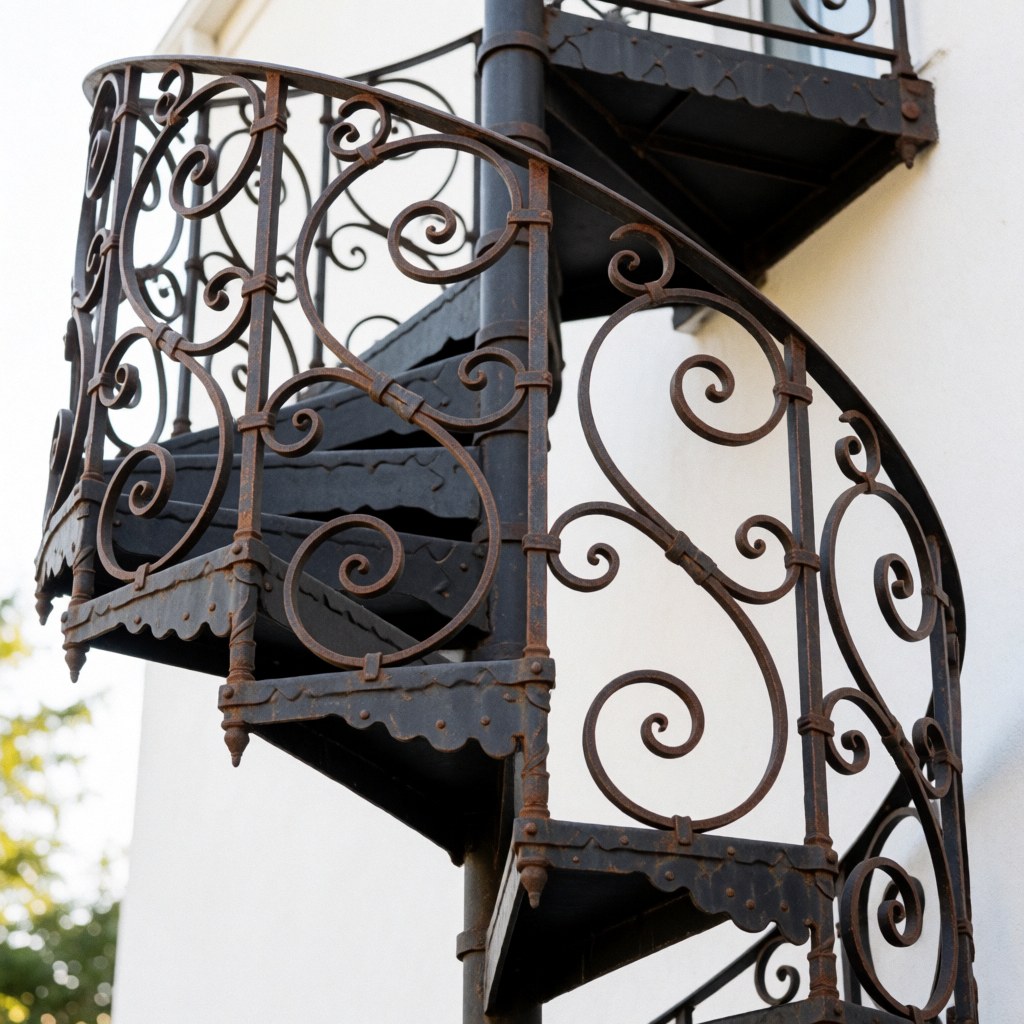 Close-up view of a wrought iron spiral staircase featuring a matte finish, curved metal steps, and industrial design details against a white wall.
