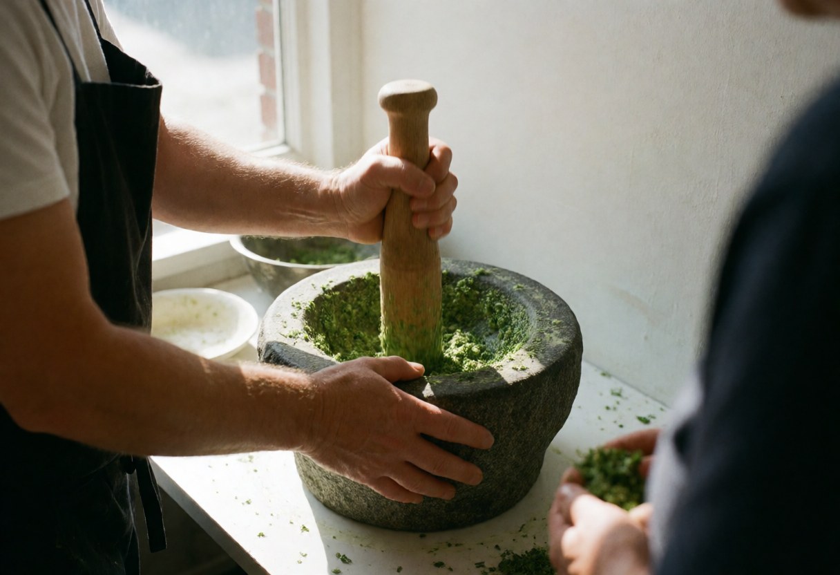A professional grinding fresh herbs in a stone mortar with natural light from a window in a traditional workspace