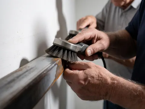 Hands using a brush to remove corrosion from a metal bar, revealing the polished surface against a white background with the cleaning tool visible.