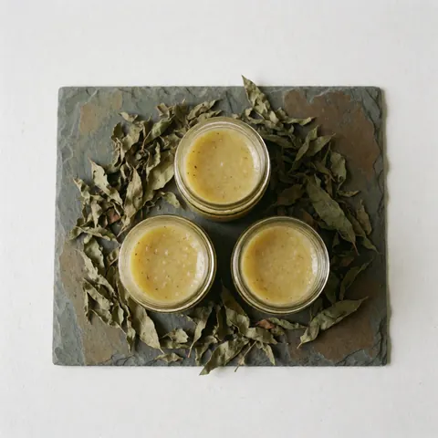 Several ceramic jars containing natural herbal balm arranged on a rustic stone surface with dried leaves nearby