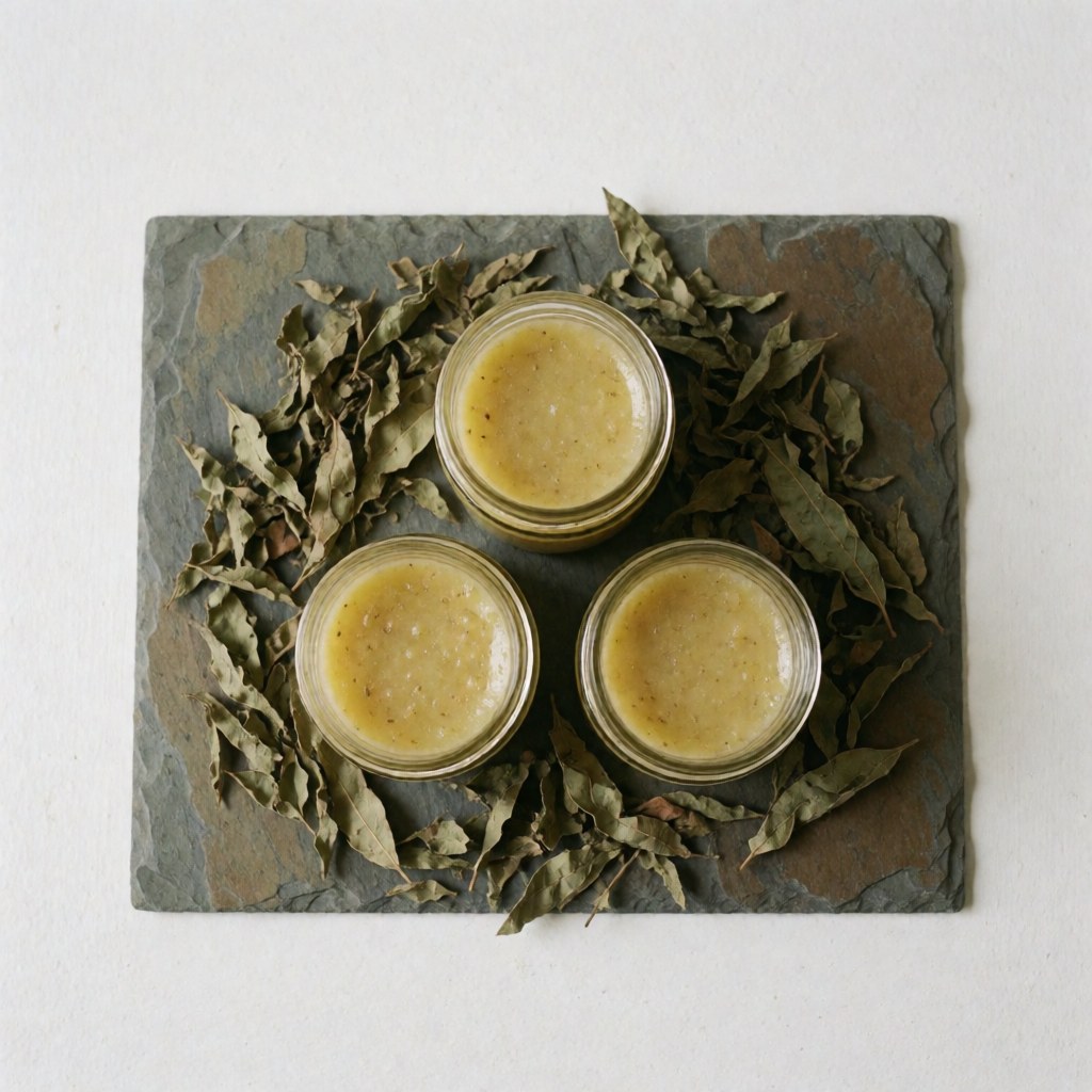 Several ceramic jars containing natural herbal balm arranged on a rustic stone surface with dried leaves nearby