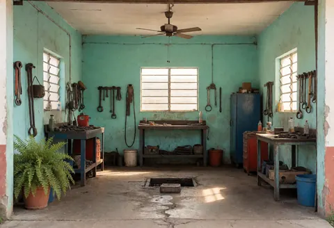 Interior view of a small auto repair garage featuring turquoise walls, concrete floor, hanging tools, and natural light from a window