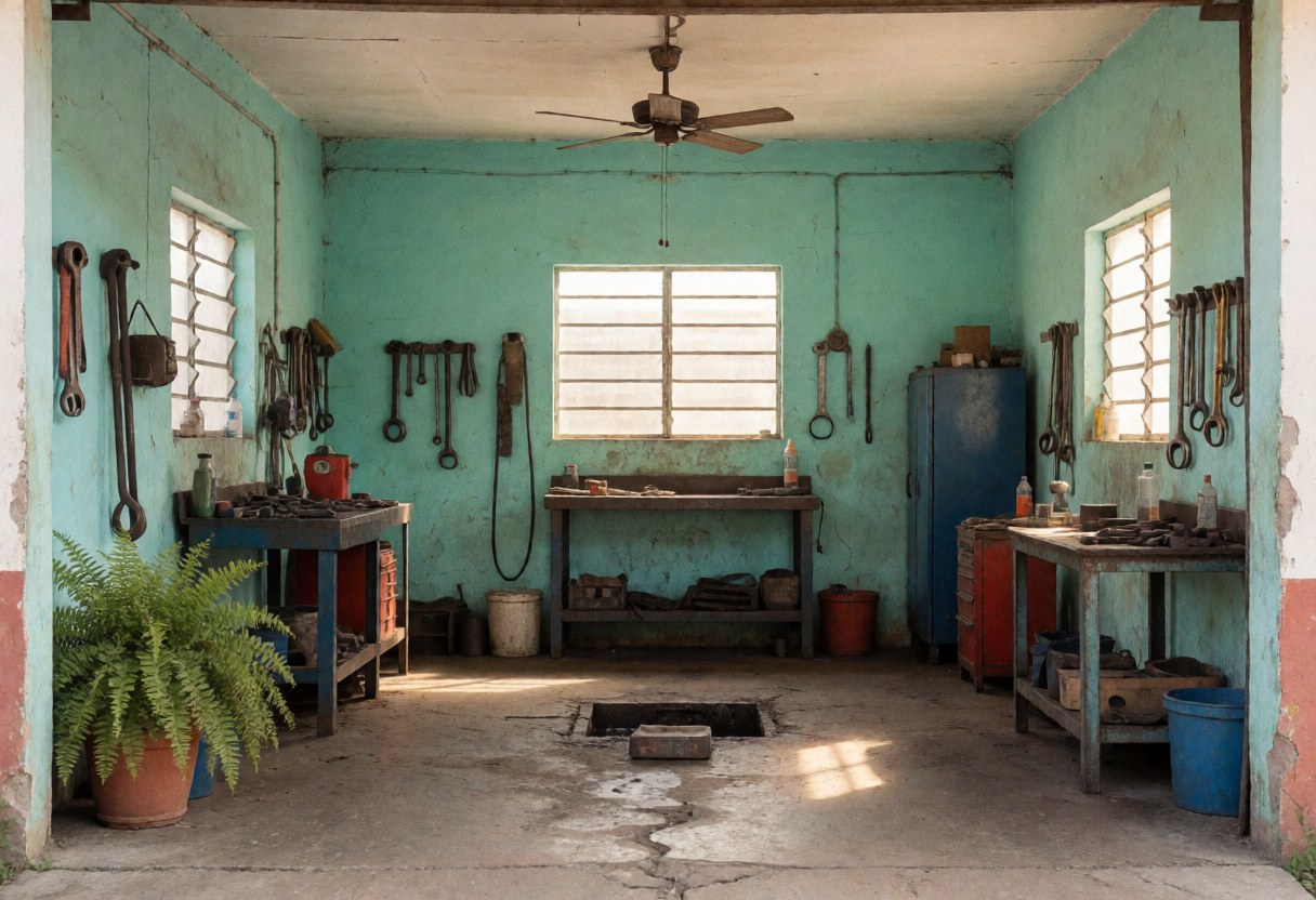 Interior view of a small auto repair garage featuring turquoise walls, concrete floor, hanging tools, and natural light from a window