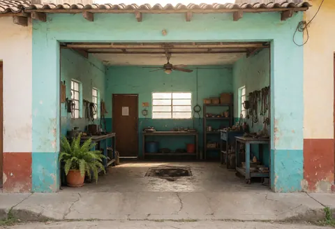 Interior of a small town auto repair shop featuring worn turquoise walls, concrete floor, hanging tools, a potted plant, and a ceiling fan.