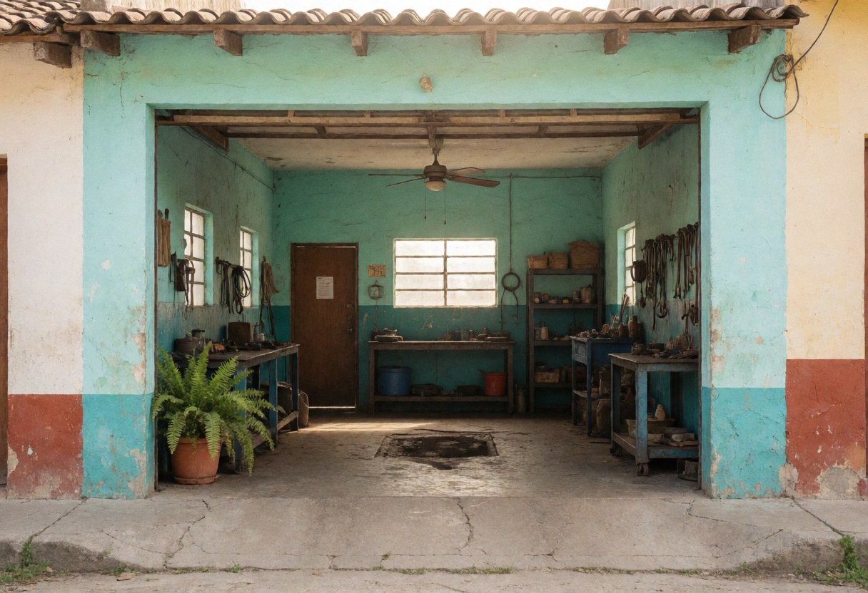 Interior of a small town auto repair shop featuring worn turquoise walls, concrete floor, hanging tools, a potted plant, and a ceiling fan.