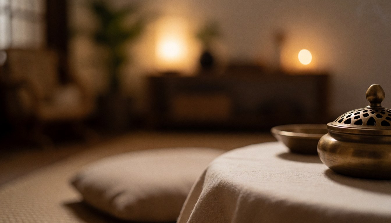A close-up view of smoke rising from a bronze incense burner placed on a wooden table with warm lighting