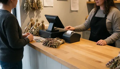 Wooden sales counter displaying dried herbal products, a cash register, and a receipt printer in a traditional healing shop