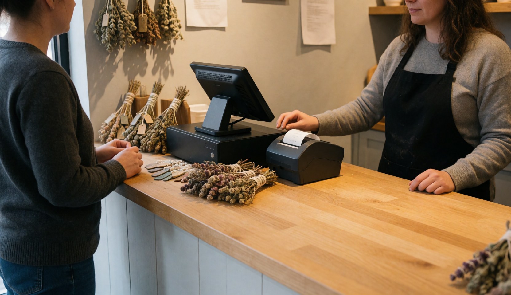Wooden sales counter displaying dried herbal products, a cash register, and a receipt printer in a traditional healing shop