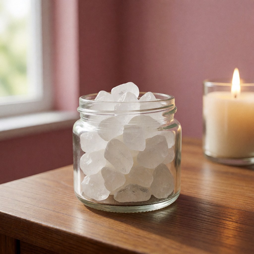 White copal resin in a ceramic jar with a lit candle on a wooden surface against a pink wall with natural light