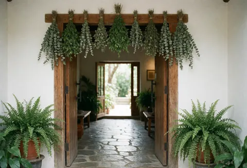 A welcoming storefront entrance featuring dried herbs and green ferns arranged near a wooden door and stone floor for a traditional healing clinic