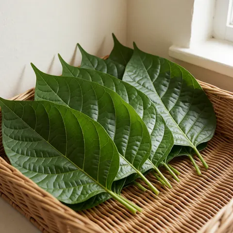 Bright green fresh chaya leaves arranged in a woven wicker basket, illuminated by natural light against a warm white wall, showcasing a traditional medicinal product.