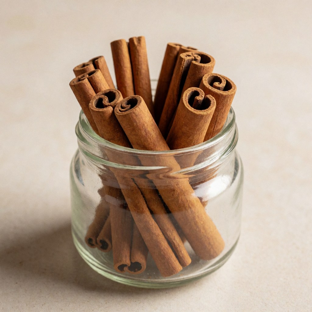 A collection of cinnamon sticks stored inside a clear glass jar, showcasing natural spices for traditional healing and culinary use.