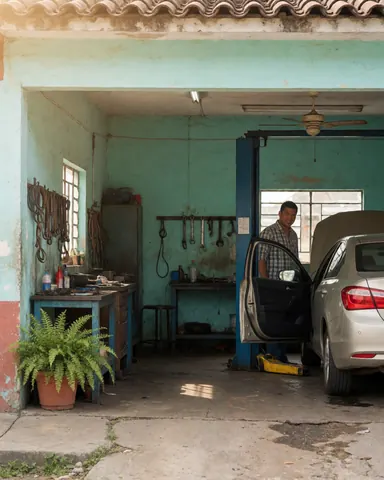 A smiling man stands beside his vehicle inside an auto repair garage with tools and equipment visible in the background