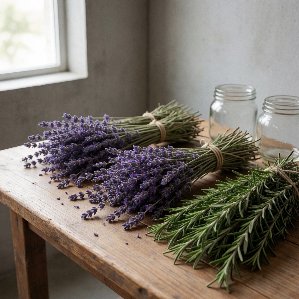 Bundle of dried lavender and fresh rosemary on a wooden table with natural window light and glass jars, ideal for aromatherapy products