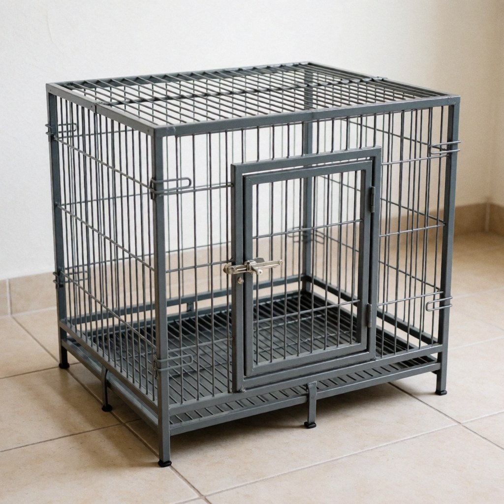 A sturdy metal pet cage featuring a secure locking door, designed for safely housing dogs or cats in a home or business setting.