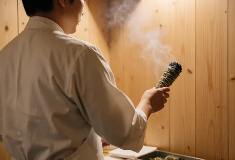A hand holds burning rue herb, releasing smoke in a warm wooden interior during a traditional healing service