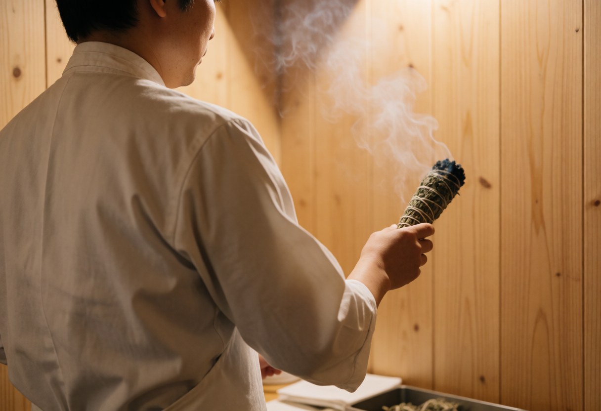 A hand holds burning rue herb, releasing smoke in a warm wooden interior during a traditional healing service