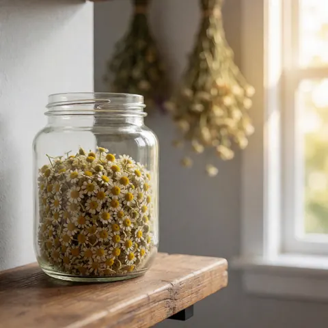 A clear glass jar filled with dried chamomile flowers sits on a wooden shelf against a gray wall, showcasing natural herbal remedies for traditional healing and wellness.