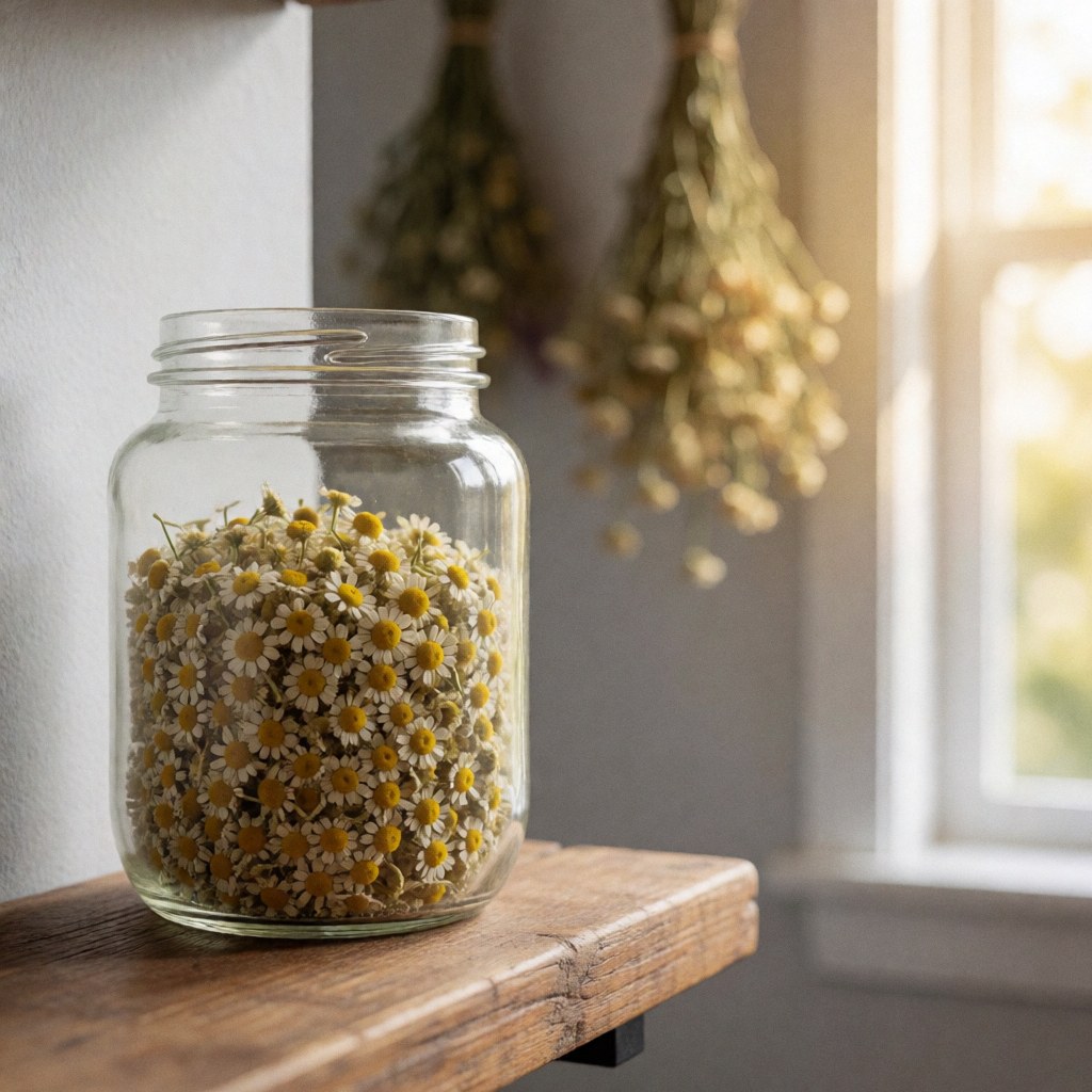 A clear glass jar filled with dried chamomile flowers sits on a wooden shelf against a gray wall, showcasing natural herbal remedies for traditional healing and wellness.