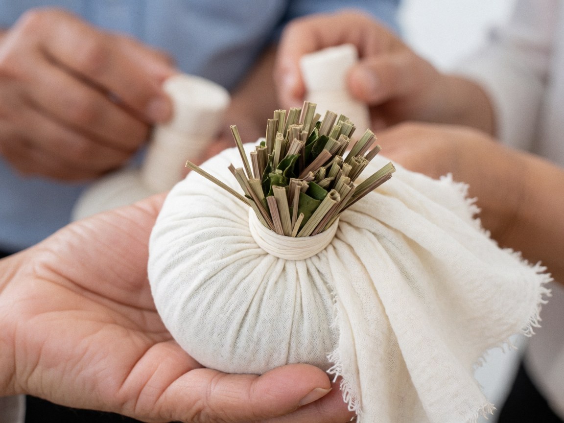 Close-up view of a Thai herbal massage compress containing dried lemongrass and kaffir lime leaves, resting on white cotton cloth with hands applying pressure in a therapeutic setting