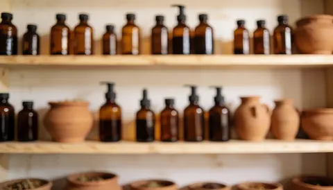 A collection of glass bottles containing herbal remedies arranged on a rustic wooden shelf, creating a warm and natural background suitable for text overlay.