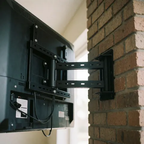 Close up of a sturdy black metal tv mounting bracket attached to a brick wall, showcasing the industrial hardware used for securing a television screen.