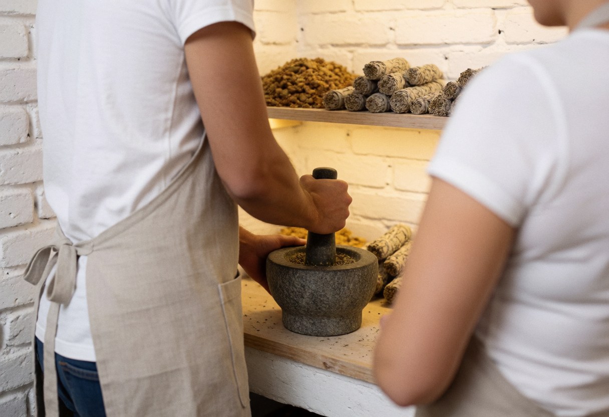 A professional grinding dried herbs in a stone mortar inside an herbal shop with ingredient shelves and a white brick wall in the background