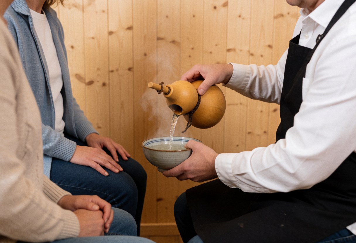 A therapist pours steaming hot water from a gourd into a ceramic cup during a traditional healing session in a warm wooden room