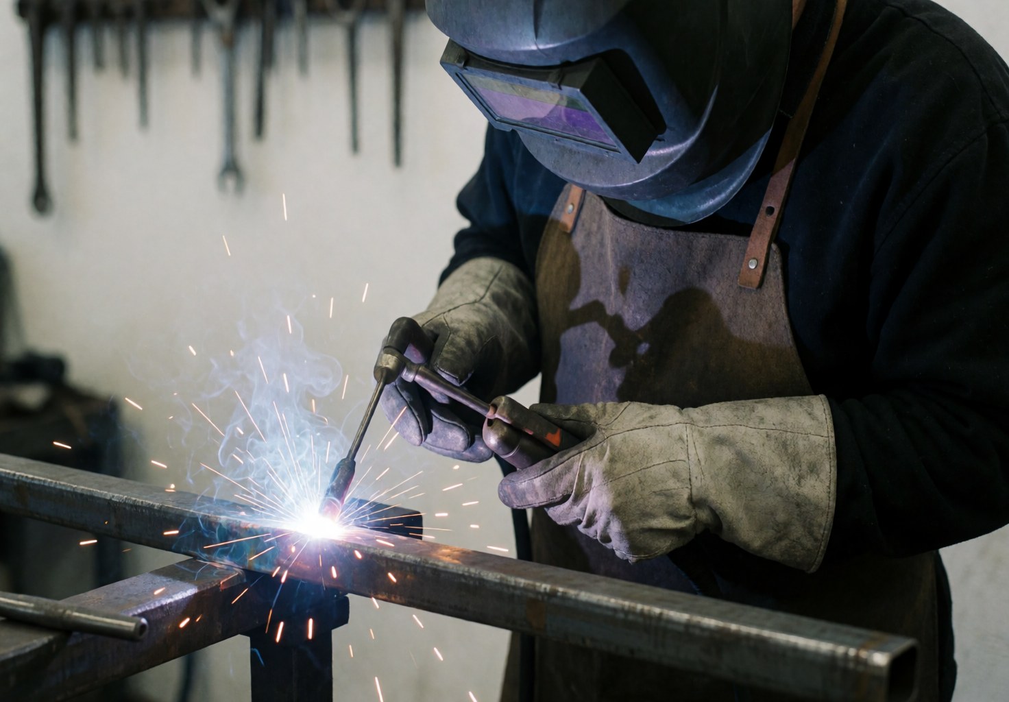 Welder wearing helmet and gloves performing arc welding on a steel bar with sparks flying and tools hanging on a white workshop wall